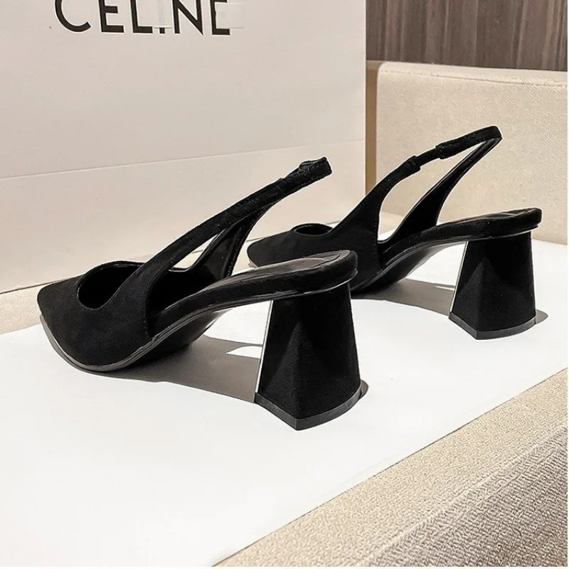 2024 Woman  Brown Chunky Heel Slingback Mules Casual Pointed Shallow Mouth Heels Vintage Black Office High Shoes Women New