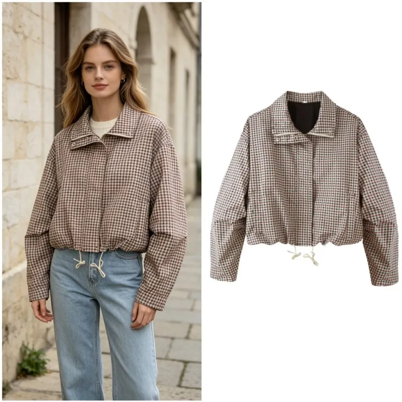 Women's Jacket Autumn New Loose Plaid High Neck Long Sleeve Zipper Drawstring Coats Casual Fashion Simple Short Retro Outerwear