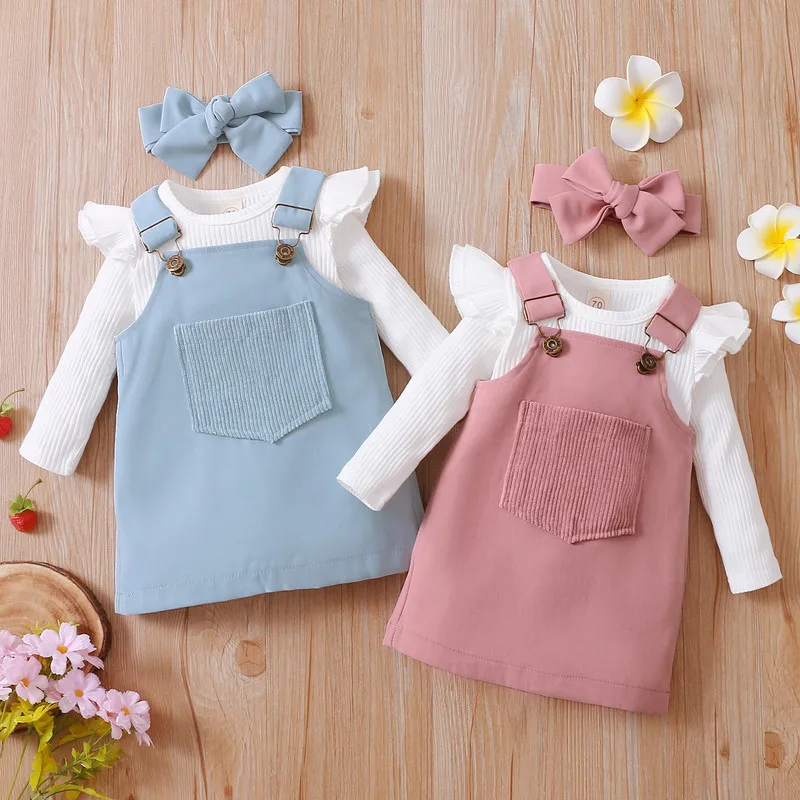 Newborn Baby Girl Bodysuit Set Autumn Winter 2022 Long Sleeve Jumpsuits Front Pocket Suspender Skirt Headwear Set 0 to 18 Months