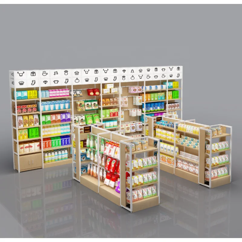 

2025customized.Metal Wood Grocery Store Shelf Retail Convenience Store Rack and Stand Supermarket Shelf