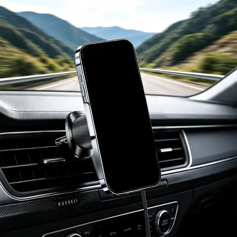 96BA Wireless Charging Mount for Vehicle Air Outlet with Phone Alignment, 25W Pad and Flexible Viewing Position in Black for