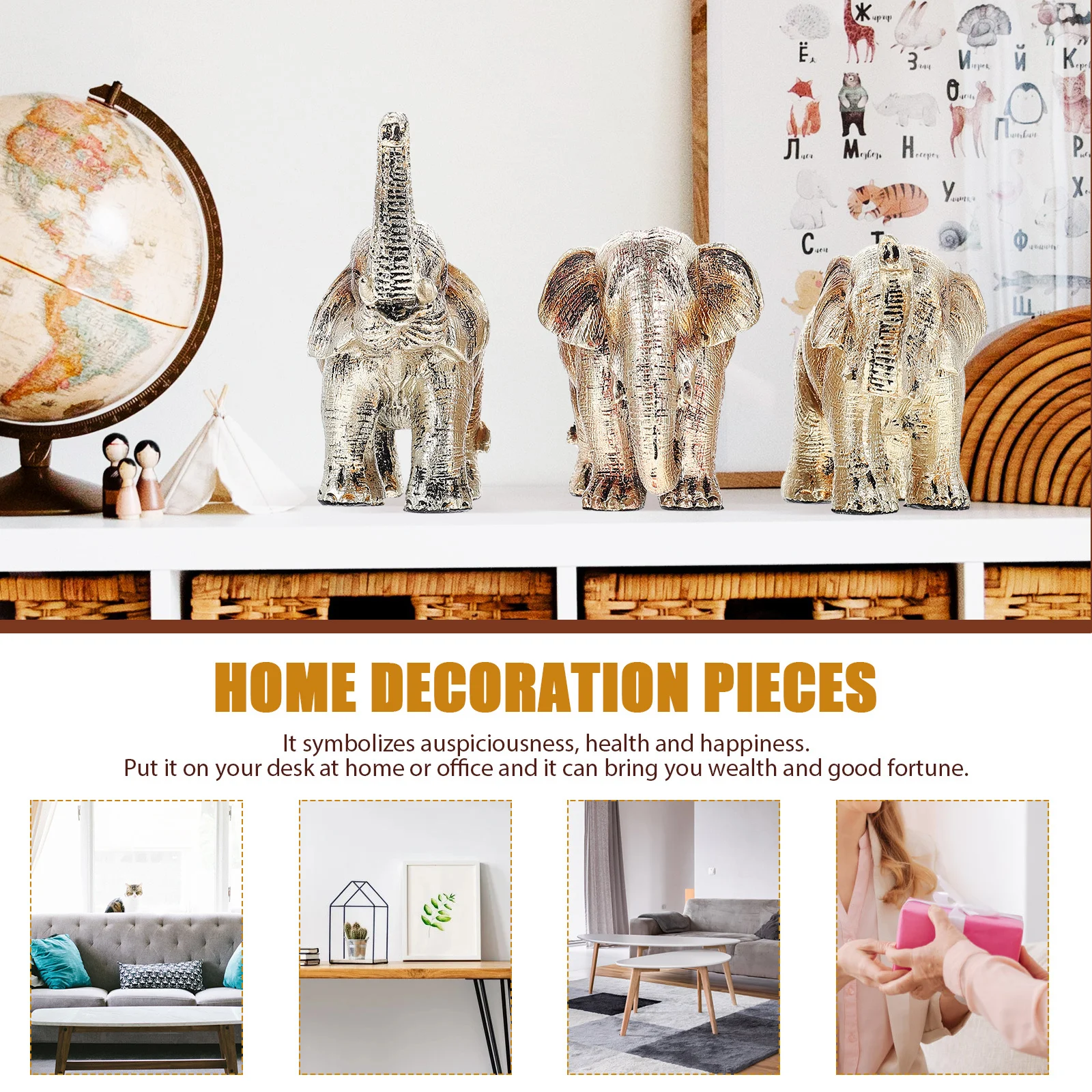 

3Pcs Home Decor Ornament Resin Elephant Statue Desktop Decoration for Wealth and Prosperity Creative Fortune Art Sculpture