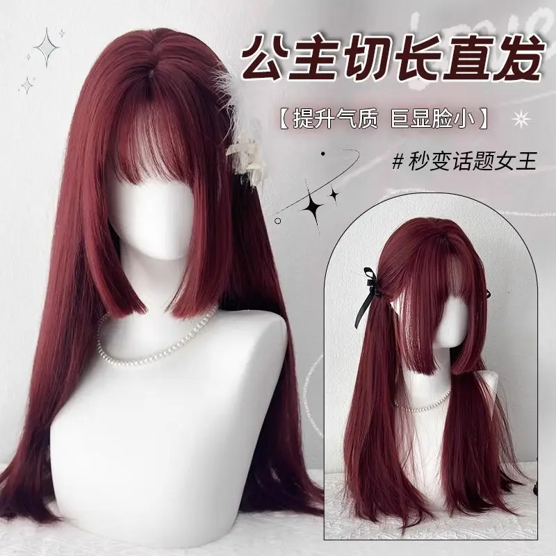 Wine Red Long Straight Wig - Japanese Style Princess Cut, Brightening Cosplay Hairpiece  New Full Head Synthetic Wig for Women