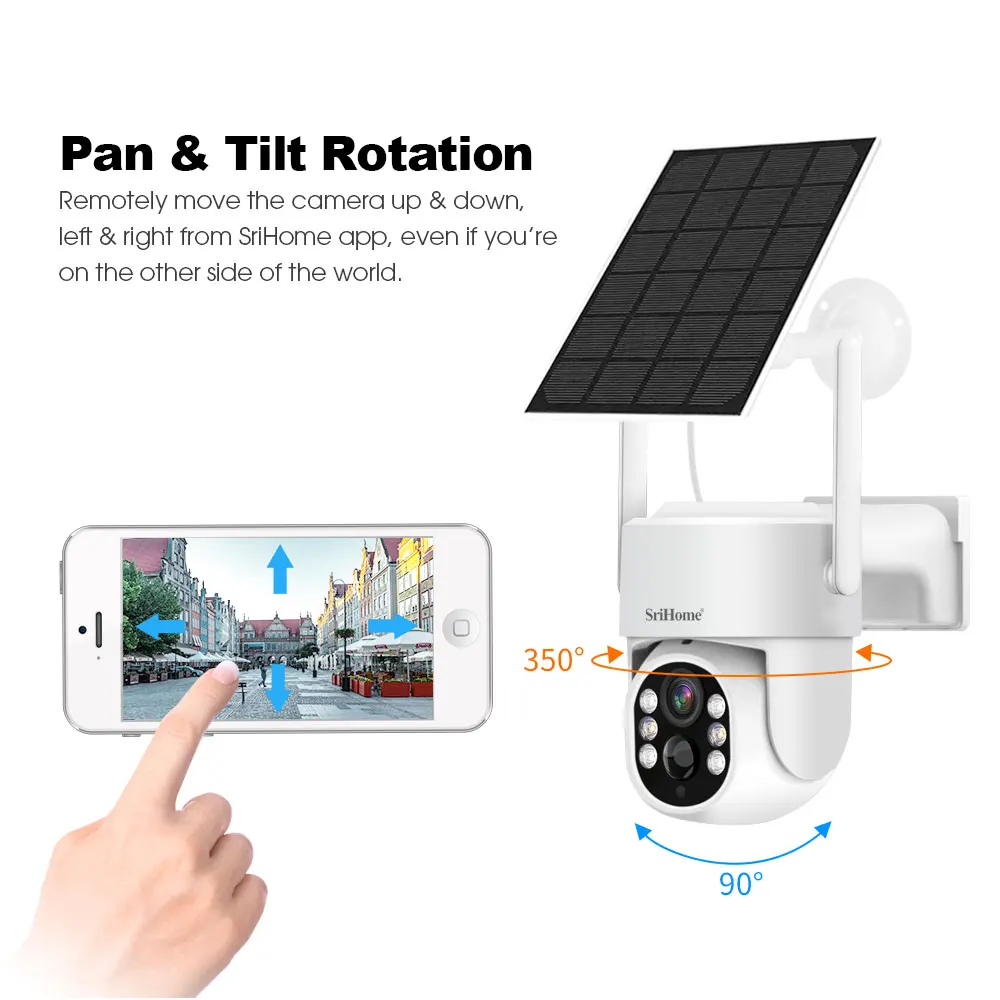 Srihome 4MP IP Solar Power WiFi Telecamera 2K PTZ Esterna Impermeabile Batteria incorporata Telecamera di sorveglianza PIR Telecamere di rilevamento