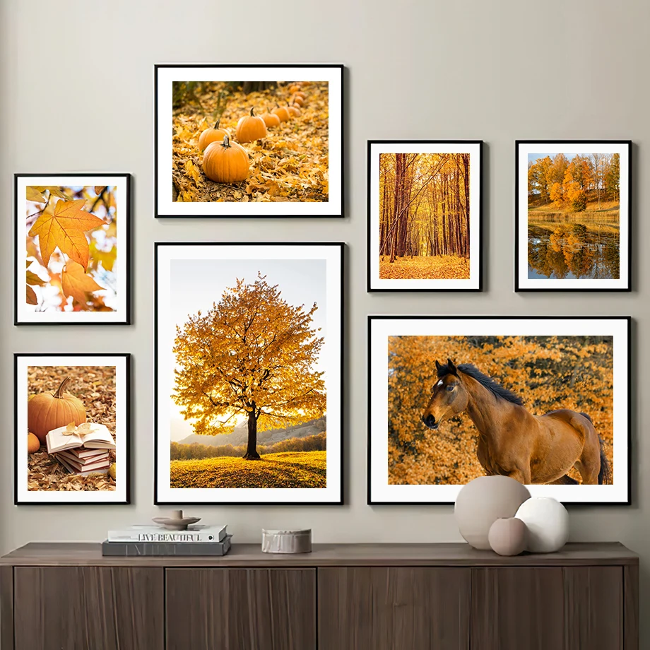 Nordic Posters And Prints Wall Pictures Autumn Landscape Forest Lake Leaf Pumpkin Wall Art Canvas Painting For Living Room Decor