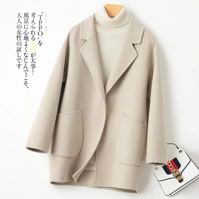 Autumn Winter New Double-Sided Woolen Coat 100% Pure Wool Short Loose Fit Blazer Collar Woolen Jacket for Petite Women