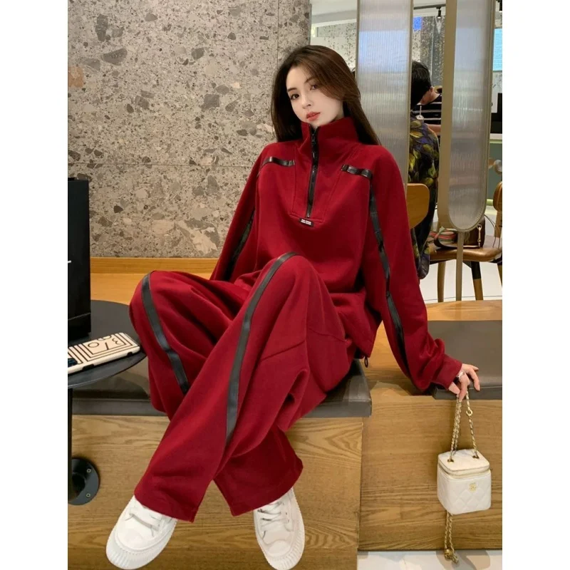 

Large Size 300 Pou Red Korean Lazy Sle Set Men's Women's Spring New Loose Sweatirt Long Pants Two-Piece Set Casual Spo...