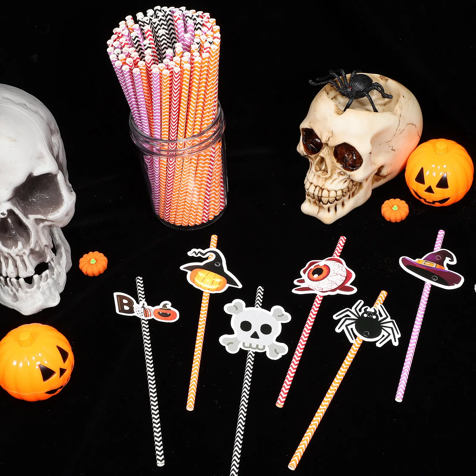 6Packs Halloween Paper Straws Colorful Stripe Printing Spooky Pumpkin Letter Decorations Party Use Drinking Straws