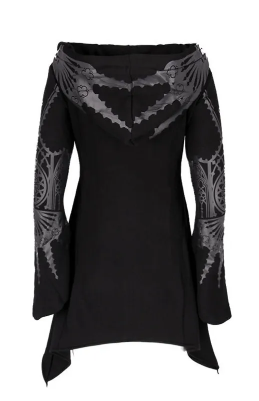 Street Goth Punk Style Black Long Hooded Top Harajuku Retro Dark Grunge Y2K Print Sweatshirts 2022 New Autumn Winter Ladies Tops