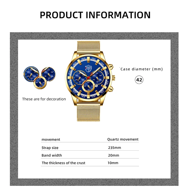 2PCS Set Fashion Mens Calendar Watches Luxury Men Business Gold Stainless Steel Mesh Belt Quartz Watch Male Necklace Wristwatch