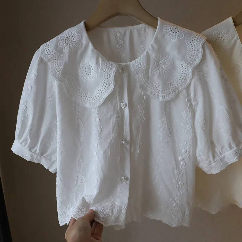 

French Sle Cotton Bubble Sve ort Sve Embroidered Lace Collar Women's irt Youthful Doll Collar Summer Gentle Top
