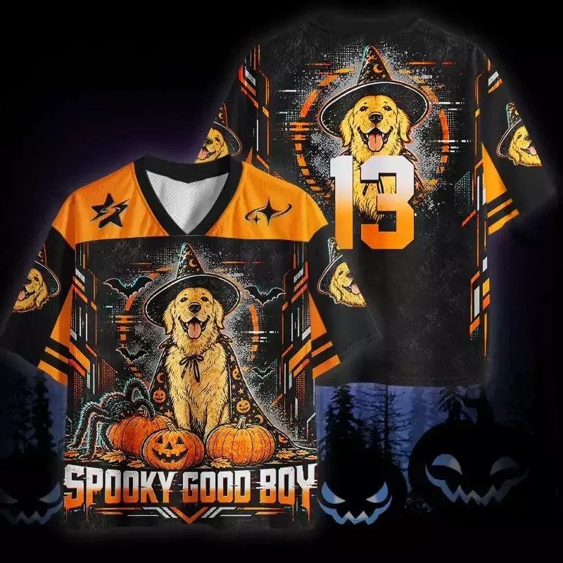 Men Women Witch Golden Retriever Pumpkin V Neck Jersey Short Sleeve Oversized Streetwear Casual Mesh Sport Shirt Halloween Top view 3