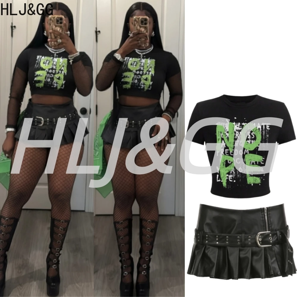 

HLJ&GG Y2K Fashion Letter Print Tshirts Two Piece Sets Women O Neck Short Sleeve Crop Top And Leather Mini Pleated Skirt Outfits