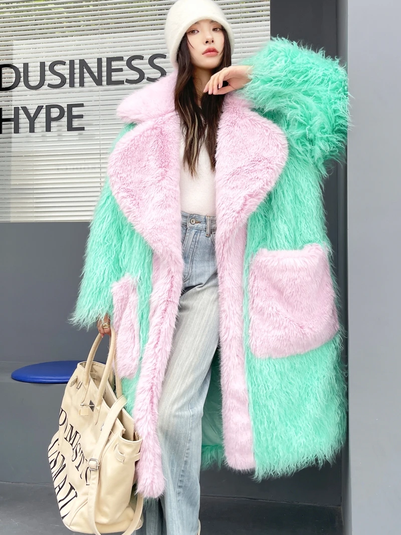 Original Design Light Green Eco-friendly Faux Fur Coat Female Loose Lapel Long Jacket Lady Shaggy Outerwea Women\'s Winter Coats