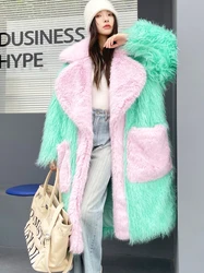 Original Design Light Green Eco-friendly Faux Fur Coat Female Loose Lapel Long Jacket Lady Shaggy Outerwea Women's Winter Coats