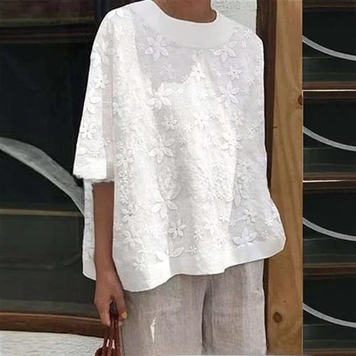 

Женский повседневный свободный топ из хлопка и льна с вышивкой, круглый, защитная одежда для домашнего использования, удобная дышащая одежда