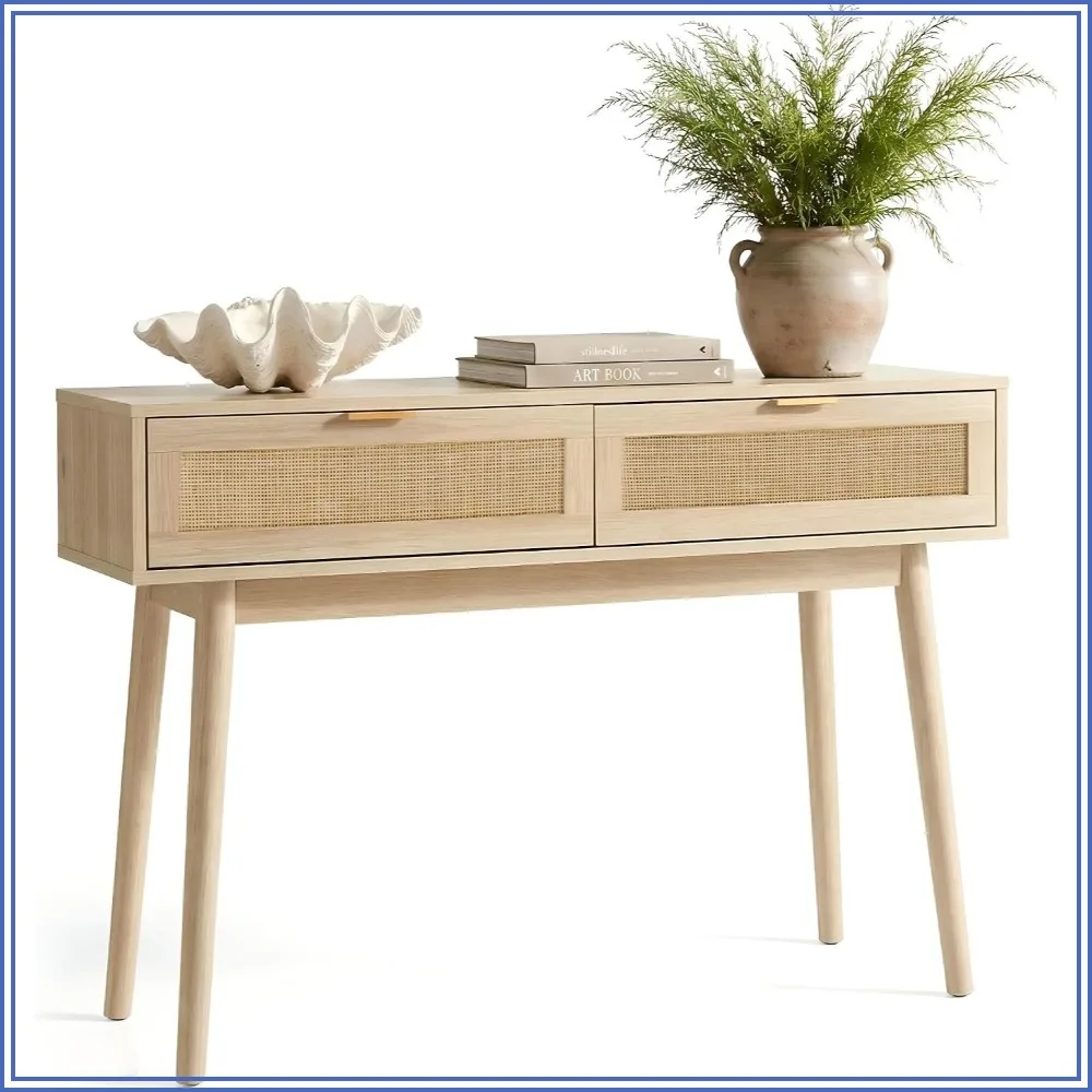 Console Table Rattan Desk with Drawers Narrow Sofa Table Entryway