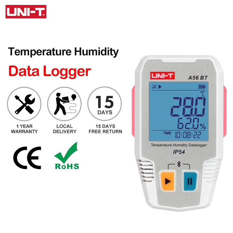 UNI-T Temperature Humidity Data Logger A56 BT Bluetooth Digital Food Thermometer Hygrometer 64000 Sets Data Storage IP54