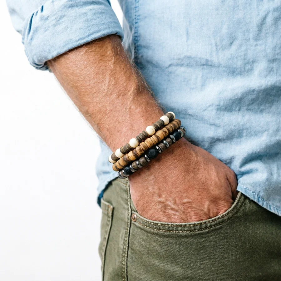 Vintage 3Pcs Men Bracelet Set Natural Coconut Beads Wooden Braslet Positive Energy Healing Wrist Accessories Versatile Jewelry