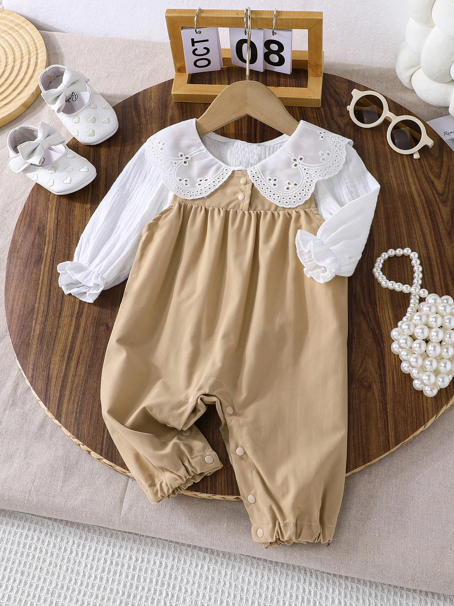 

2PCS Baby Girls Spring Outfits Long Sleeve Doll Collar Tops Overalls Set Toddler Clothes