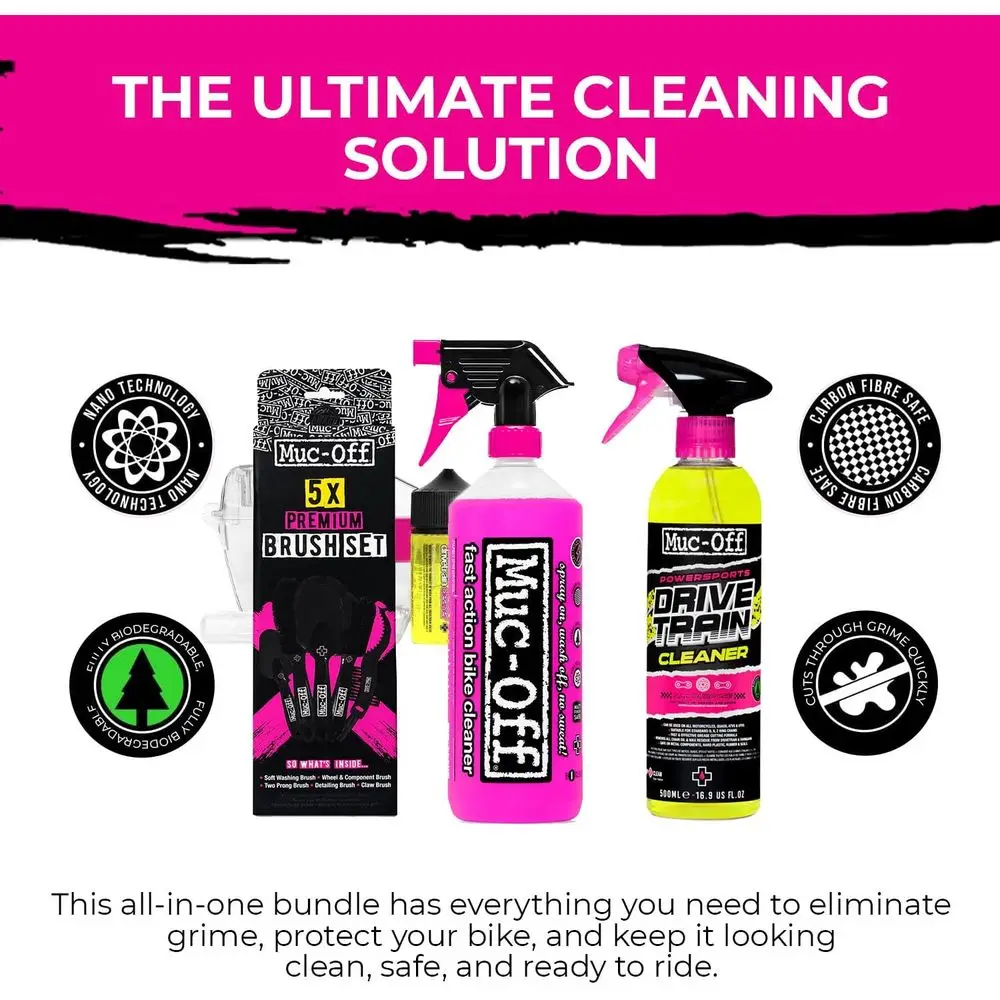 Kit de nettoyage de moto tout-en-un : nettoyant écologique 500 ml, spray NanoTech 1 L, nettoyeur de chaîne X3, 5 brosses Premium