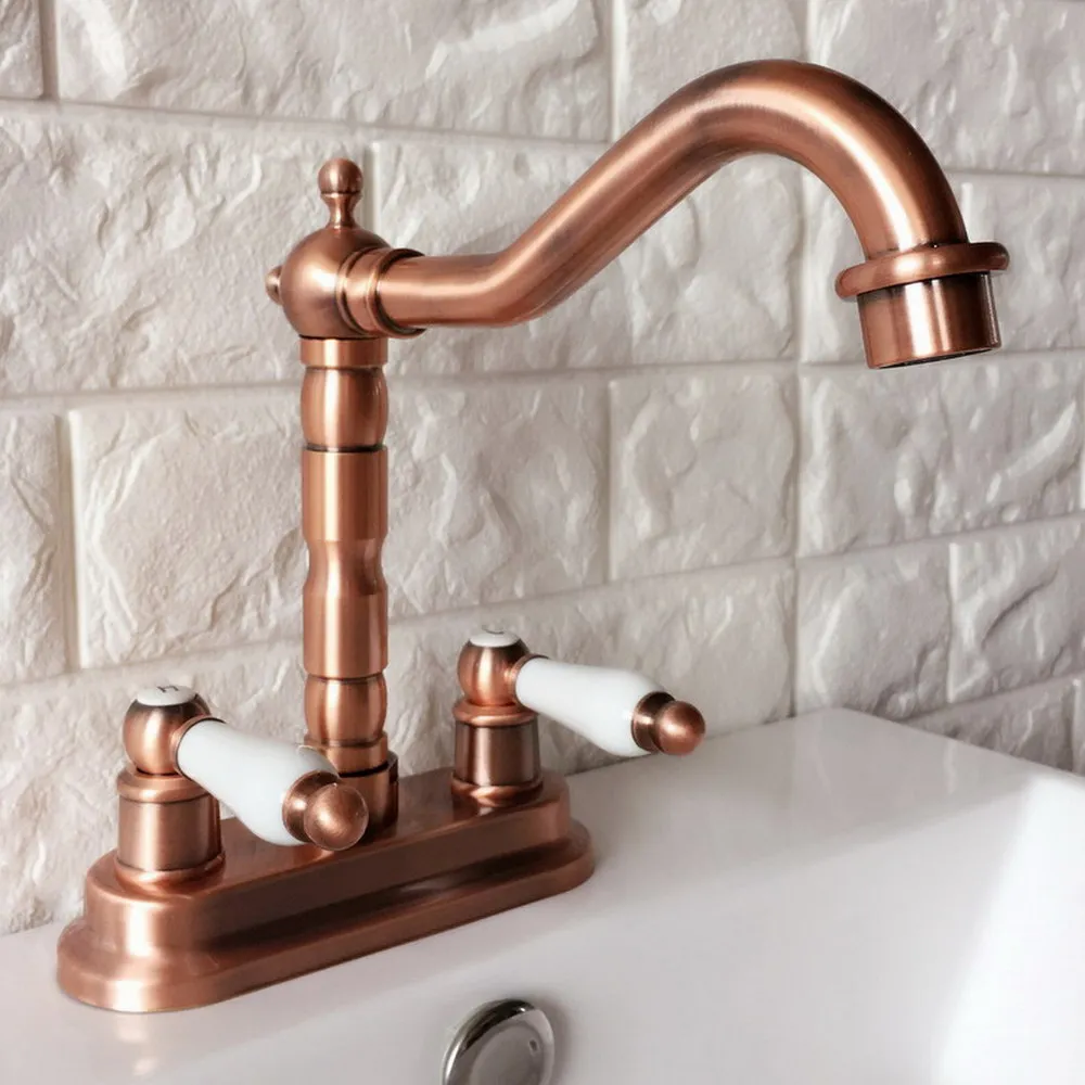 

Antique Red Copper Swivel Spout Bathroom Basin Faucet Kitchen Sink Faucets Dual Handle Hole Cold Hot Water Mixer Taps Lrg043