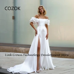 COZOK Boat Neck Wedding Dresses for Women White Side Slit Satin Bridal Gowns with Pleat 2024 Summer New Vestidos De Novia