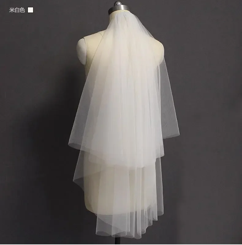 Véu de noiva curto de tule branco com duas camadas para noiva, acessórios de casamento com pente