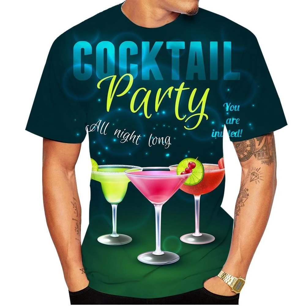 New Summer Cocktail 3D Printed Casual T-Shirt Personality Fashion Unisex Hip Hop Round Neck Short Sleeve Tops Men Women Kids