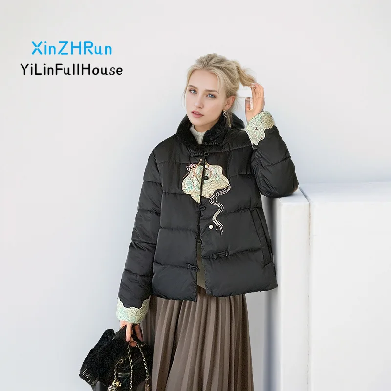 Winter New Women\'s Wool Collar Pan Buckle Short Down Cotton Coats  Retro Chinese Embroidered Loose Casual Style Cotton Jacket