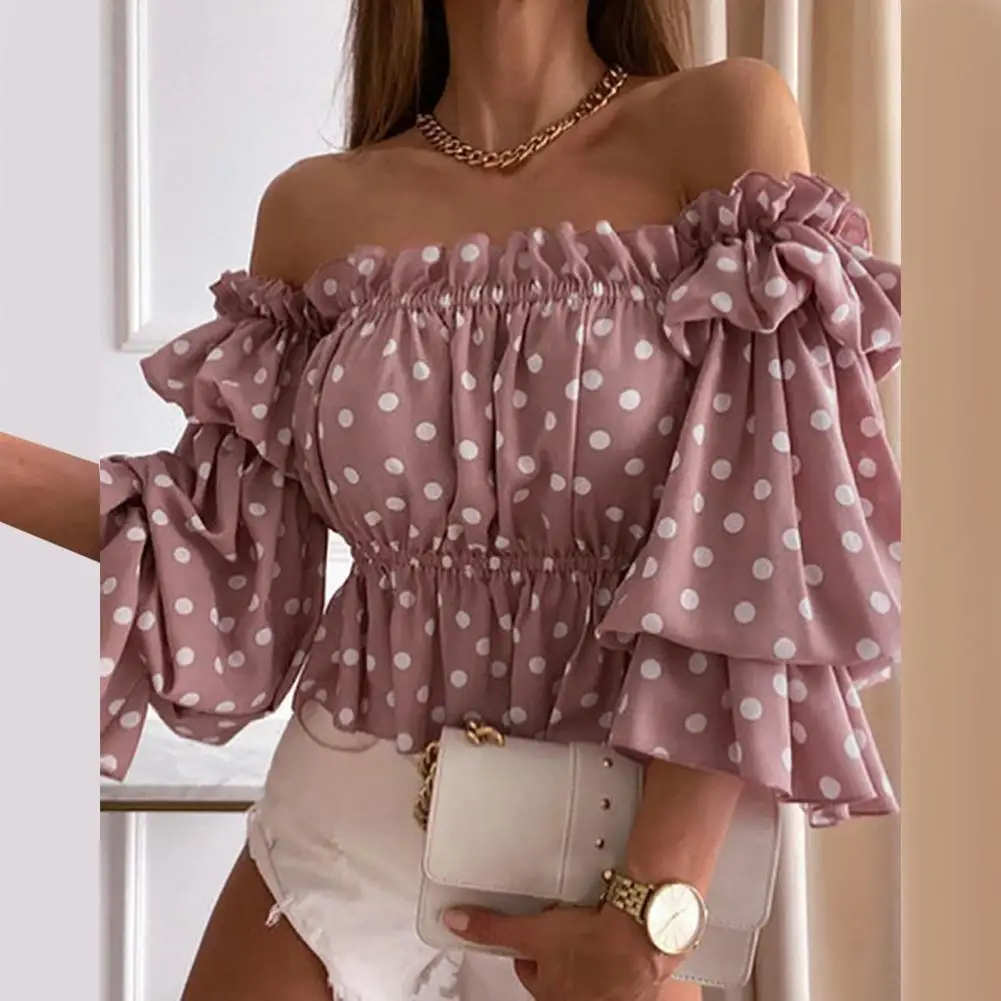 Elegant Sexy Summer Top Flare Sleeve Off Shoulder Flounce Shirt Floral Printed Light Shirt for Daily Wear