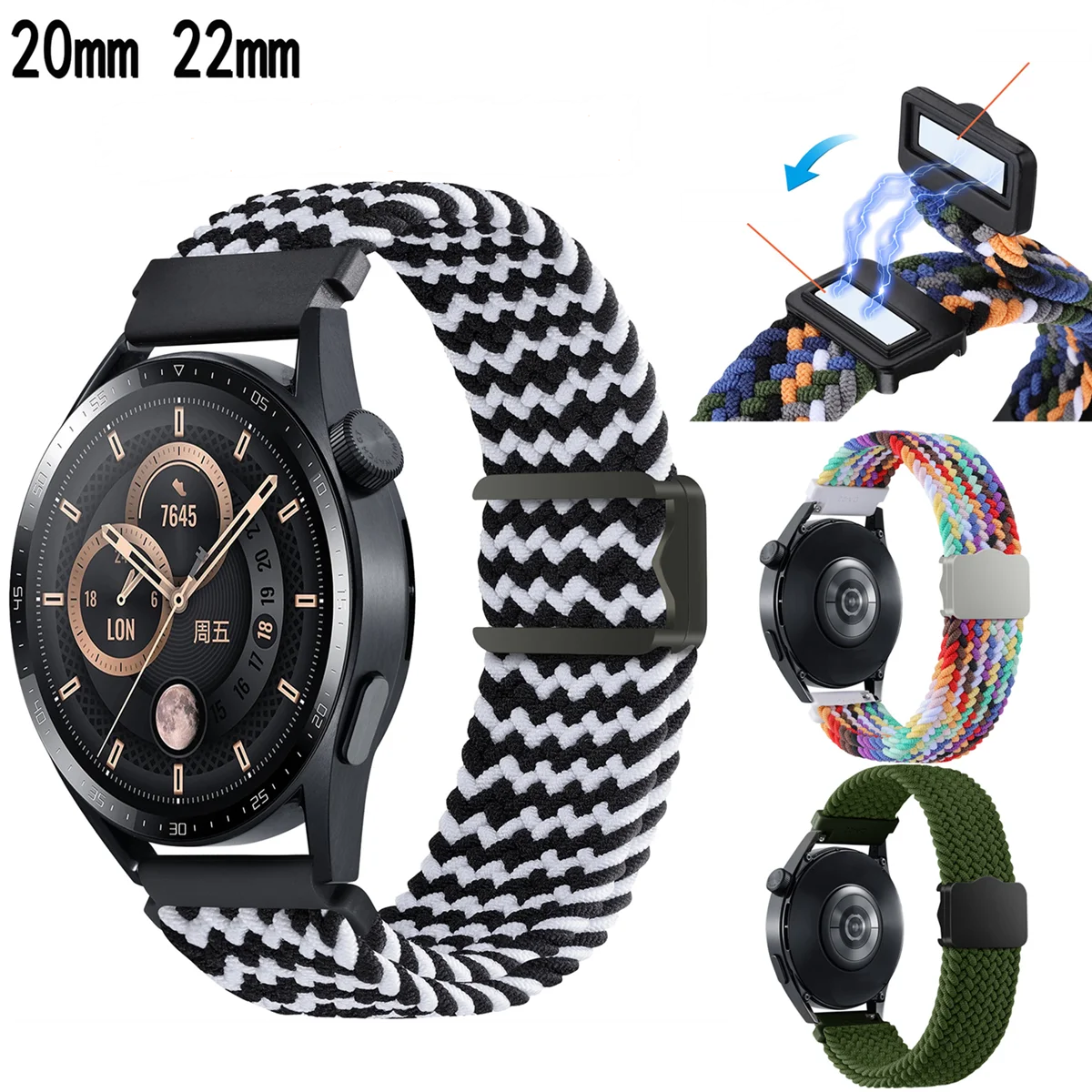 For Samsung Watch 5/6 Huawei Watch GT3/4 Watch Band Fashion Jiaming Magnetic Absorbing Nylon Woven Loop Replacement Strap