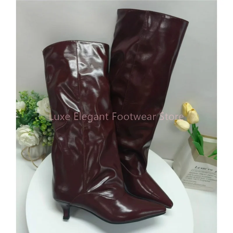 Burgundy Pointed Toe Kitten Heel Knee High Boots Women Faux Leather Slip On Slouch Long Boots Retro Fashion Party Lady Footwear