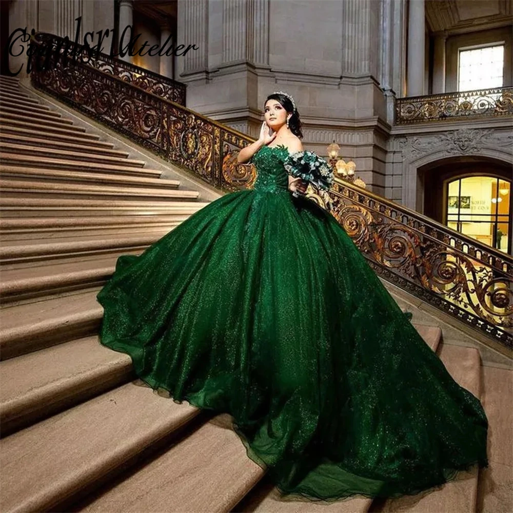 Green Sparkly Quinceanera Dresses Ball Gown Birthday Gown Off The Shoulder Lace-Up Sweet 16 Dresses vestidos de 15 Customized