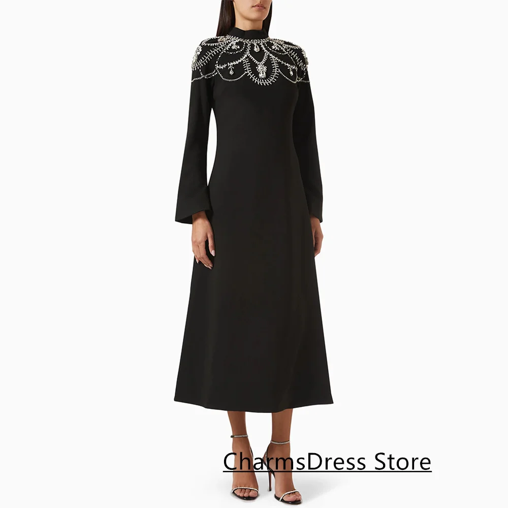 

Arabian Black Evening Dress Customized High Neck Long Sleeves Beading Crystal Tea Length Maxi Prom Dresses Cocktail Party Gown