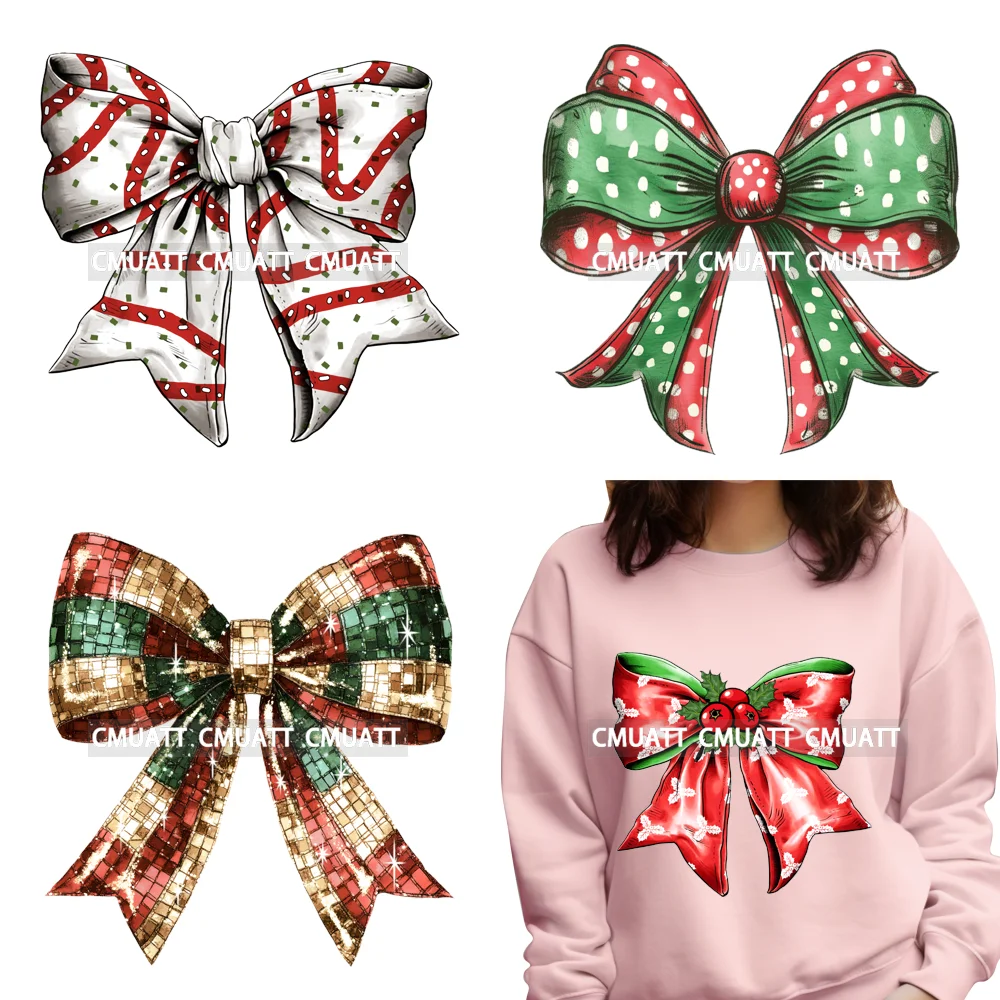 Colorful Light Coquette Bow Merry And Bright Christmas Waterproof Durable Transfer Stickers DTF Printing DIY Iron On For Hoodies