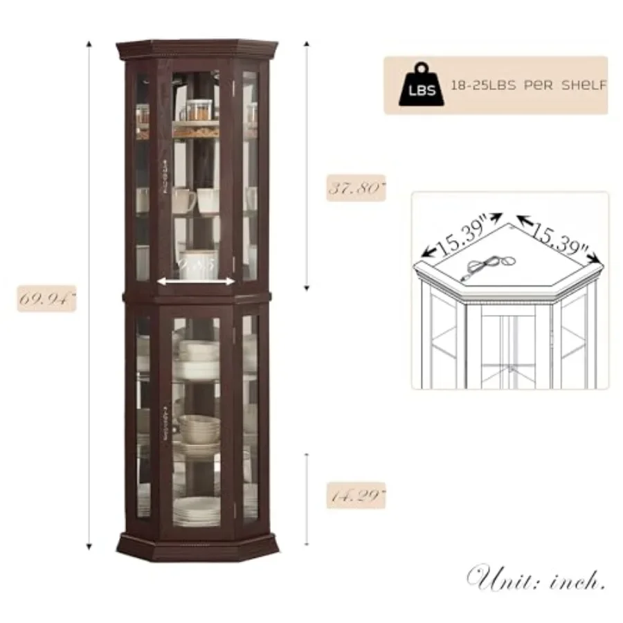Corner curio cabinet for bar and liquor storage, tempered glass doors and shelves, black finish, built-in light bulb for elegan