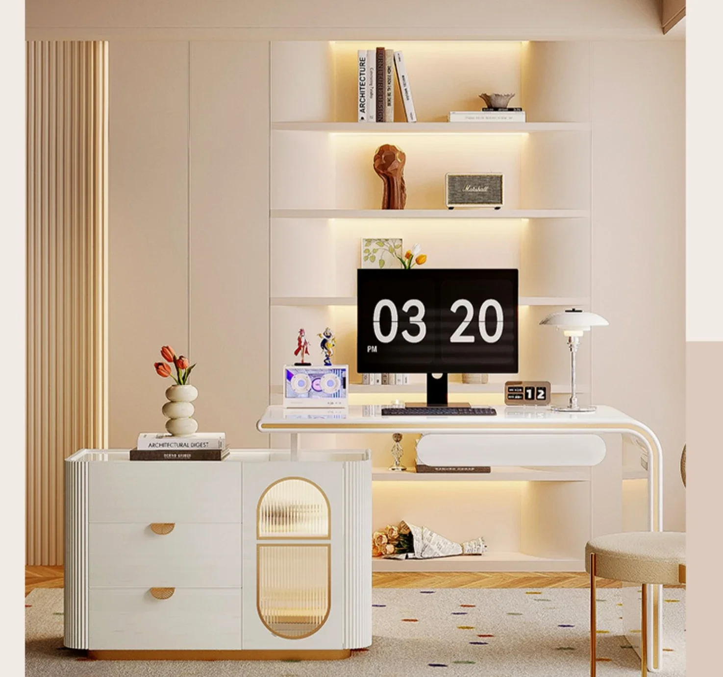 

Light luxury corner desk, bookshelf, dressing table, double length office cream air computer desk