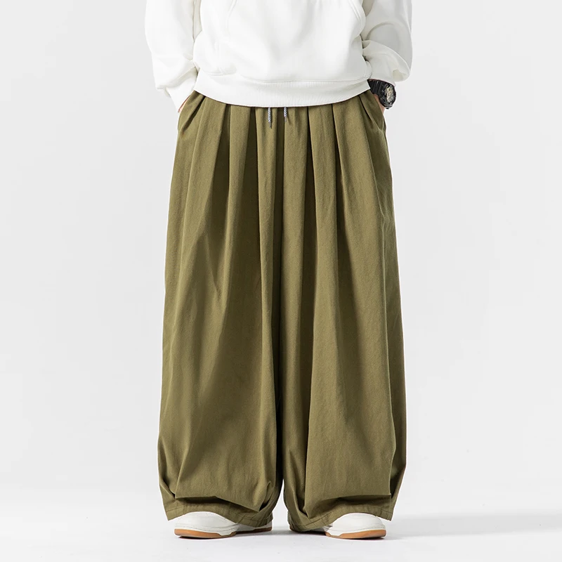 Japan Style Wide Leg Jeans Men Solid Streetwear Cotton Harem Pants Harajuku Loose Casual Straight Drawstring Male Cargo Trousers