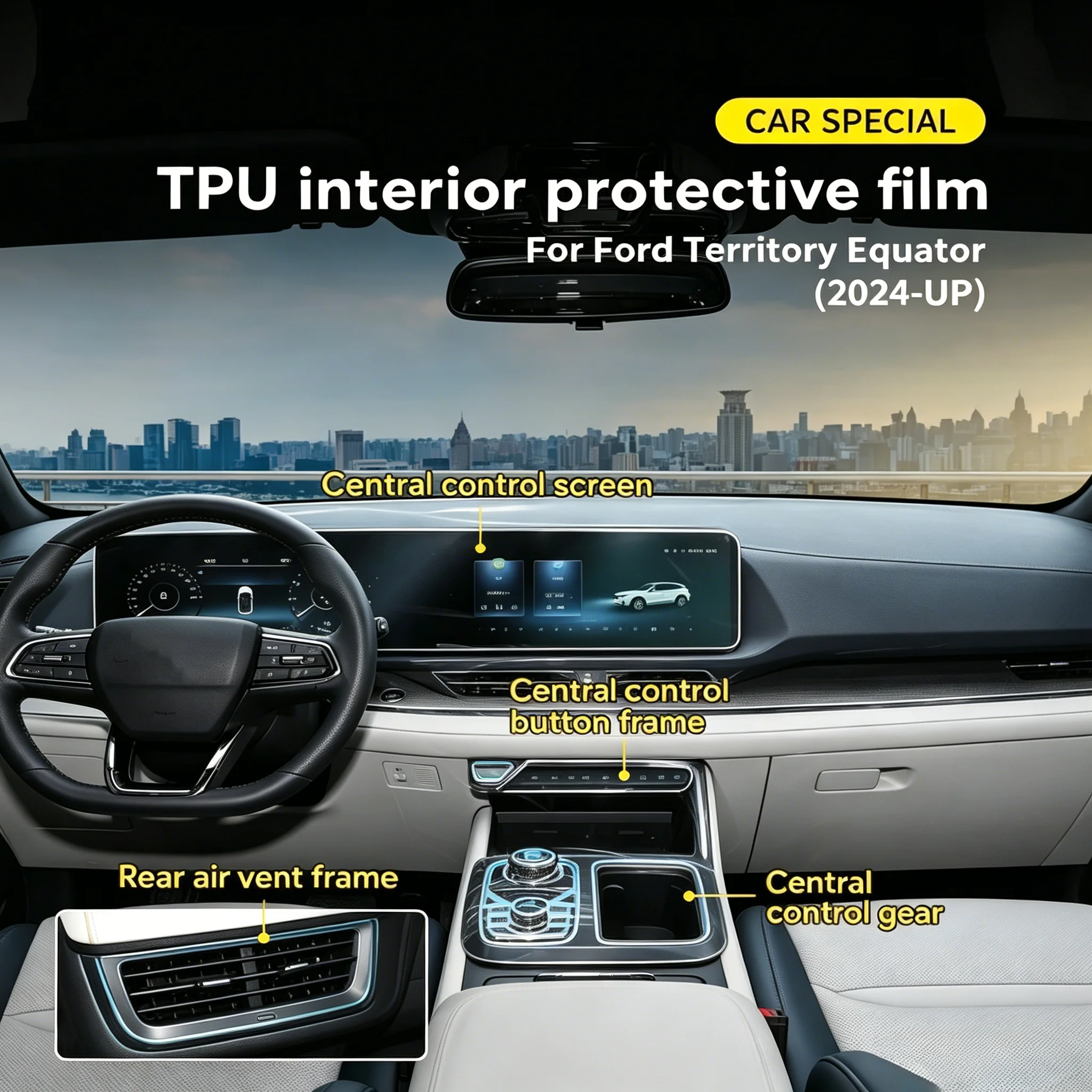 Für Ford Territory Equator 2024-2026 Transparente TPU-Folie für den Mittelbereich, Getriebepanel und Armaturenbrett, Kratzschutz-Aufkleber – Detail 2