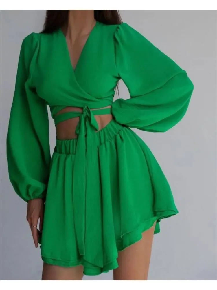 Fashion Two Piece Set Women Long Sleeve Sexy V-neck Waistband Cardigan Tops Casual Comfortable All-match Solid Color Shorts Suit