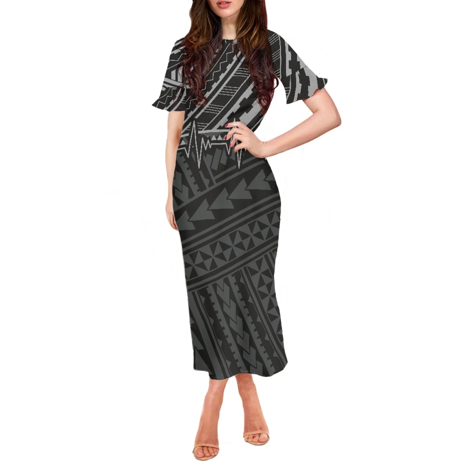 

Polynesia Tribal Summer Tattoo Print Clothing Leisure Beach Party Women Dress Short Ruffle Sleeve O-Neck Fashion Long Dress