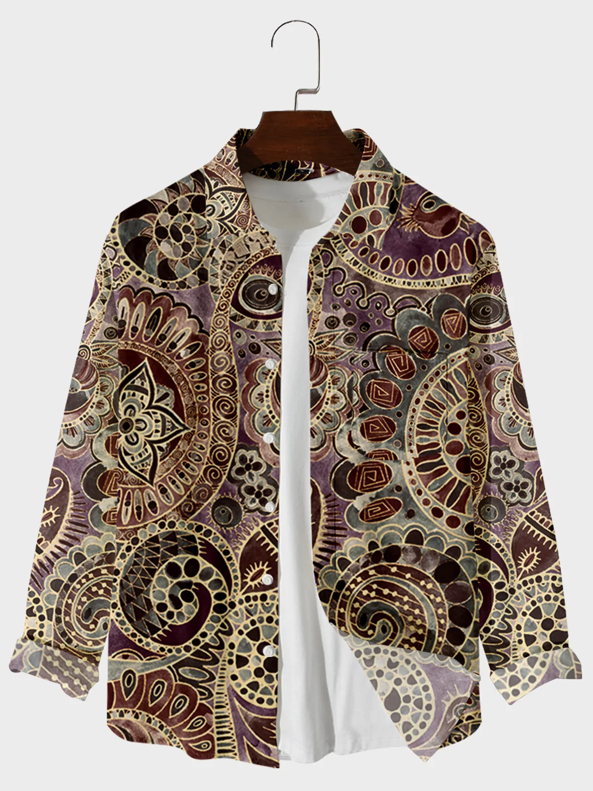 

2021 Hot Selling Traditional Ethnic Pattern Digital Printing Loose Casual Large Button Long Sleeve Cardigan Men's Shirt 1