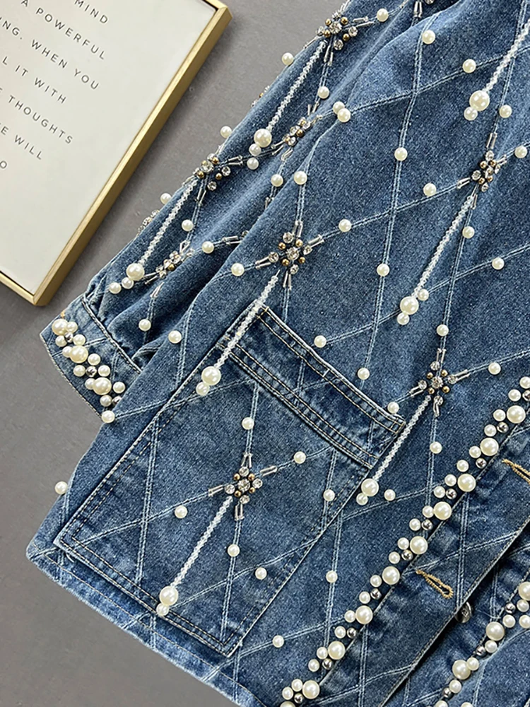 DEAT Women\'s Denim Coat Nail Drill Pearls Pendant Plaid O-neck Single Breasted Elegant Jackets 2024 Summer New Fashion 29L7246