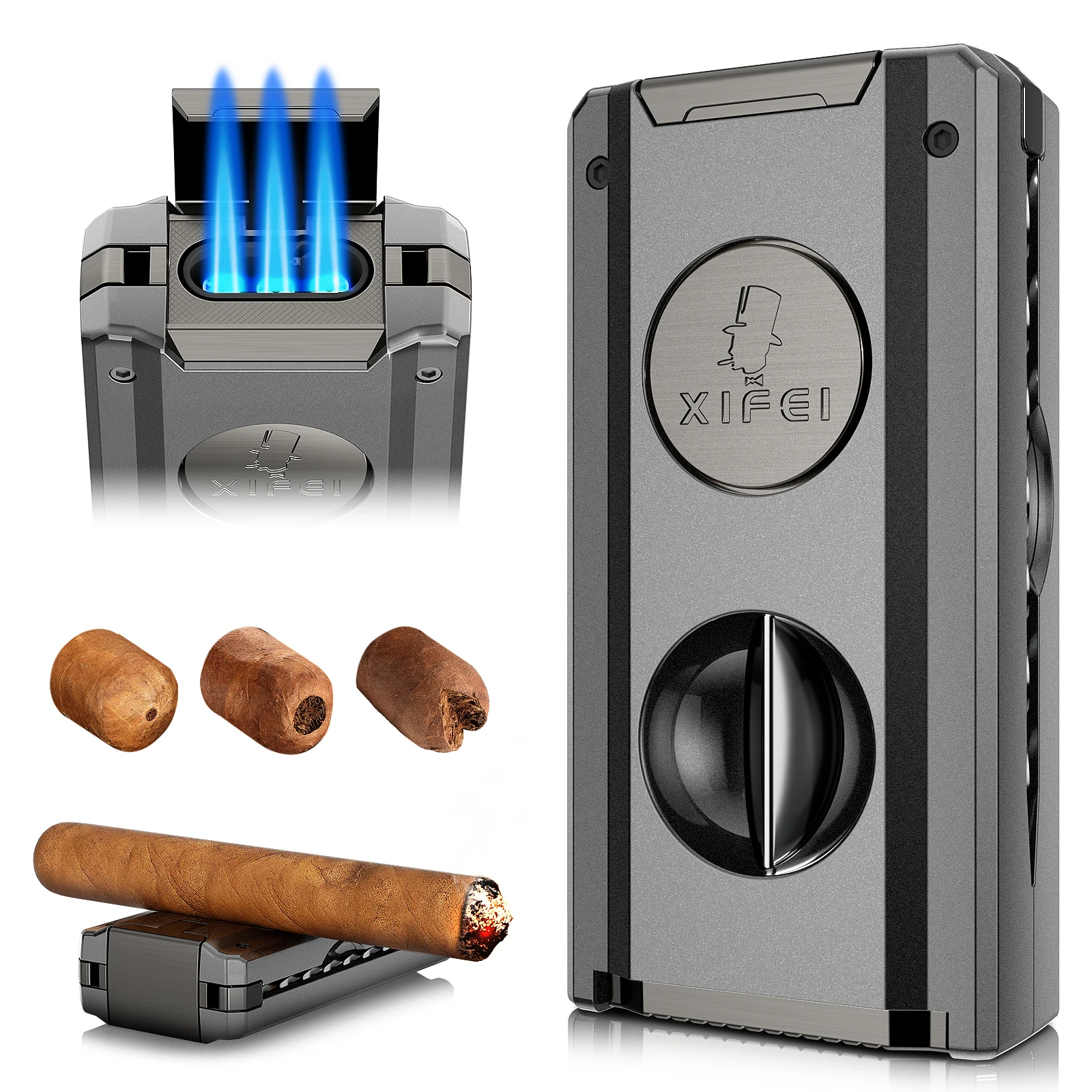 

Cigar Lighter,Torch Lighter with Cutter,Built-in Cigar Punch,Cigar Holder,Cigar Poker,Refillable 3 Jet Flame Windproof Smoking