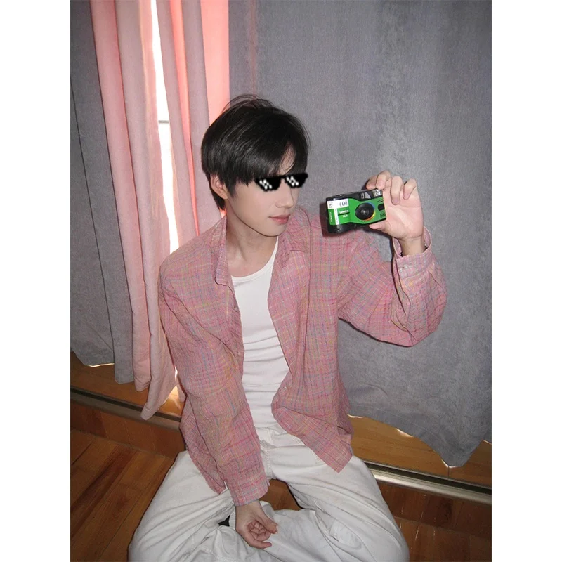 Pink Bubble Plaid Long Sleeve Men's Shirt Jacket Casual Sun Protection High Collar Trendy Youthful Loose Fit Autumn Fashion