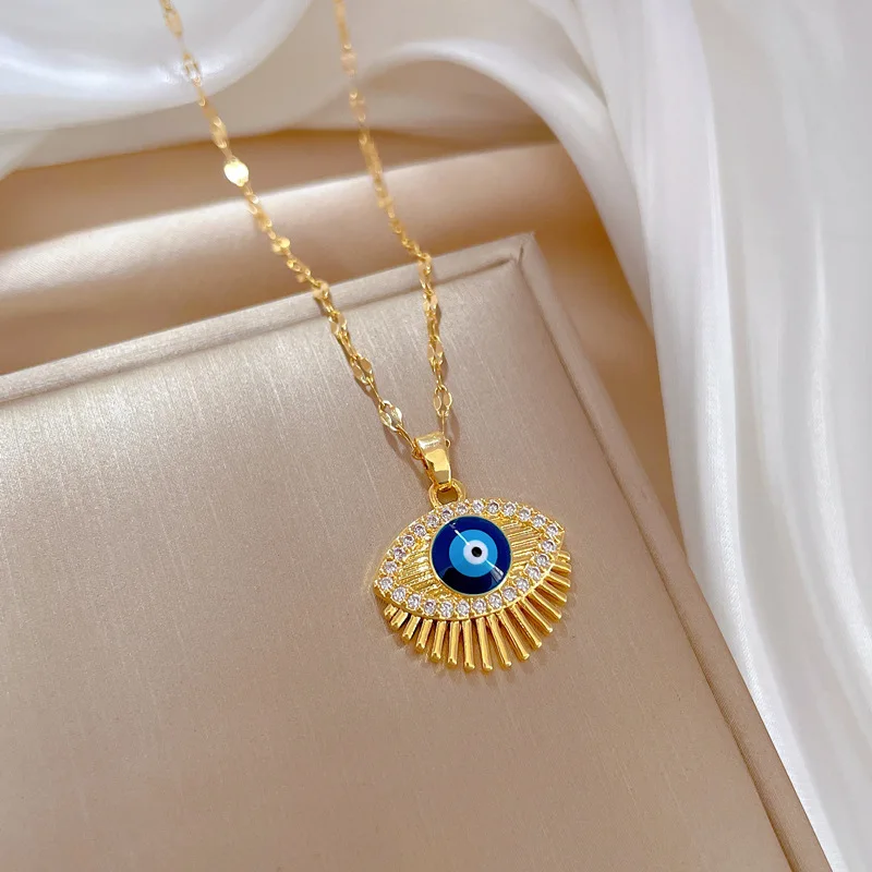 Collier mauvais œil bleu en Zircon cubique Hamsa, en acier inoxydable, collier de cils turc, bijoux grec ojo turco acero en acier inoxydable