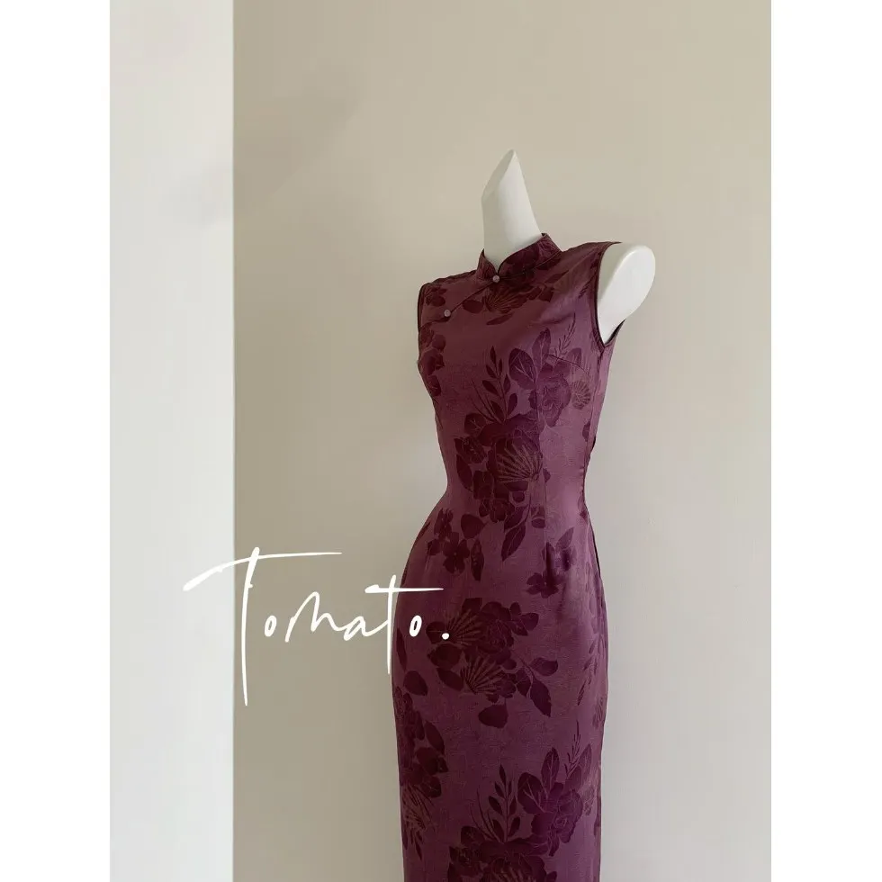 Chinese Style Hong Kong Style Cheongsam Sleeveless Slimming Satin Sexy Purple Qipao Women Wedding Party Evening Dress CH-113