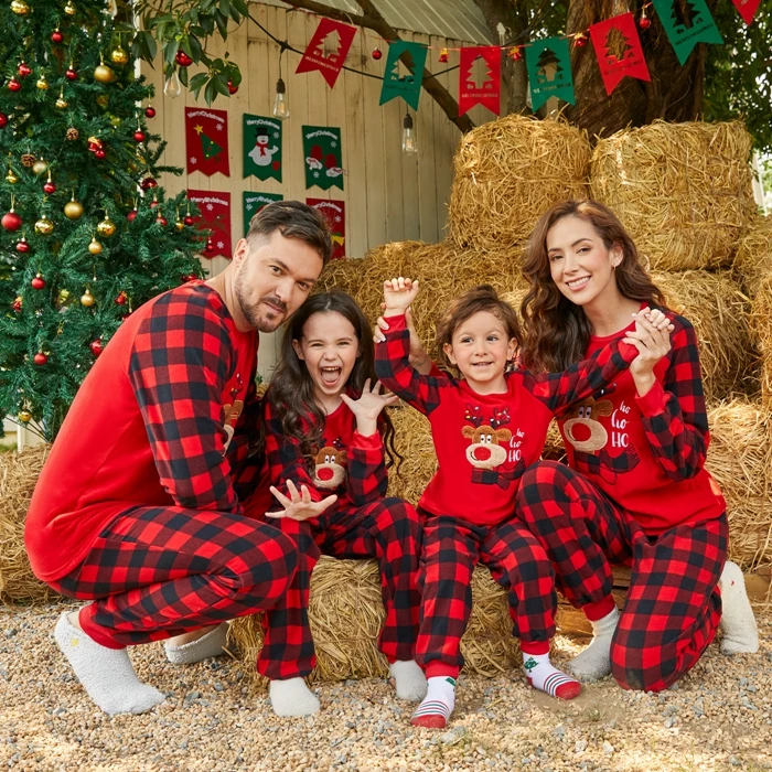 PatPat Christmas Family Matching Pajamas Reindeer Embroidered Plaid  Thickened Polar Fleece Pajamas Sets (Flame Resistant）