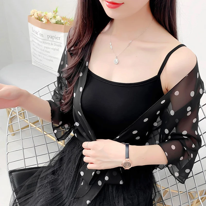 Fashion Dot Print Chiffon Cardigan Thin Outer Jacket Women\'s Sunscreen Shawl Summer Blouses Neck Guard Cloak Sun Scarf R14